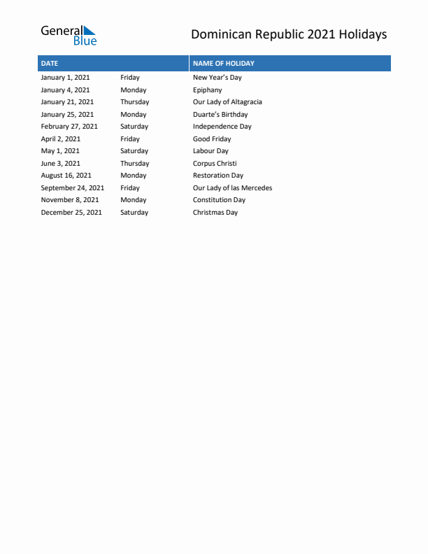 Free printable list of Dominican Republic holidays for year 2021