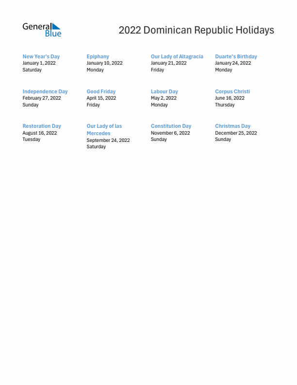 Free printable list of Dominican Republic holidays for year 2022