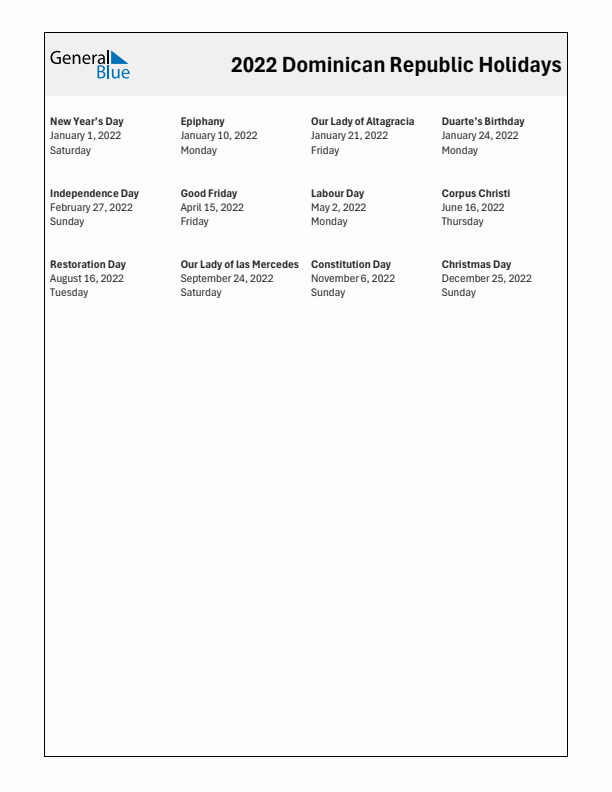 Free printable list of Dominican Republic holidays for year 2022