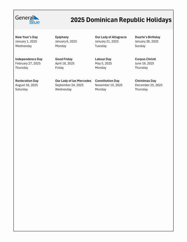 Free printable list of Dominican Republic holidays for year 2025