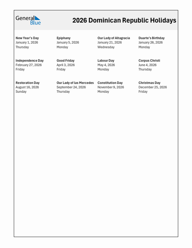 Free printable list of Dominican Republic holidays for year 2026