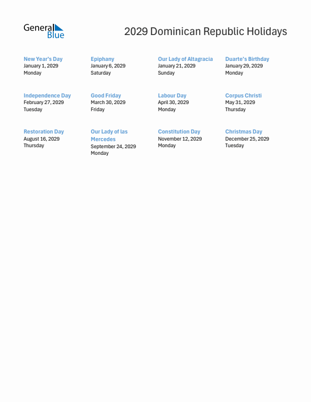 Free printable list of Dominican Republic holidays for year 2029