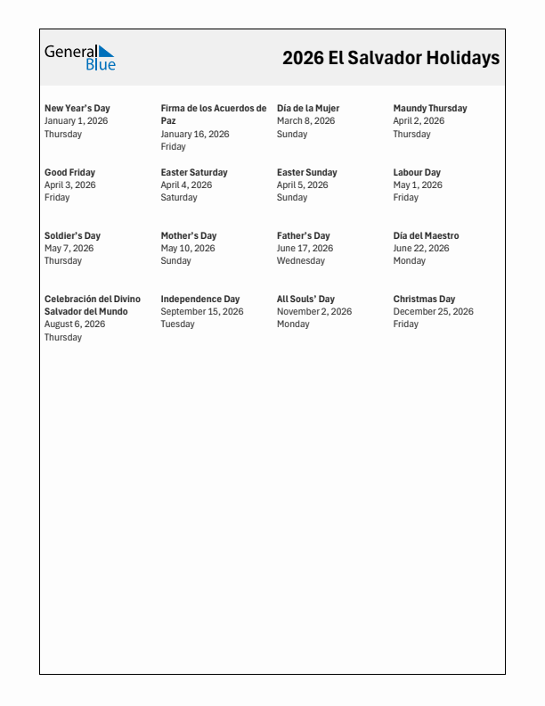 Free printable list of El Salvador holidays for year 2026