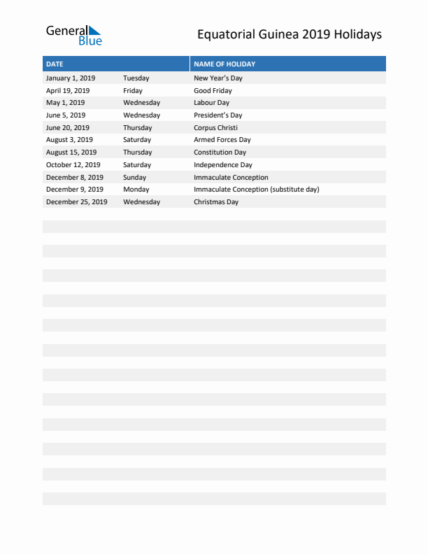 Free printable list of Equatorial Guinea holidays for year 2019