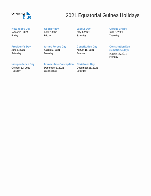Free printable list of Equatorial Guinea holidays for year 2021