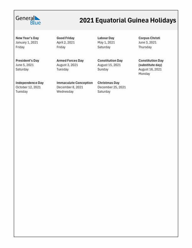 Free printable list of Equatorial Guinea holidays for year 2021