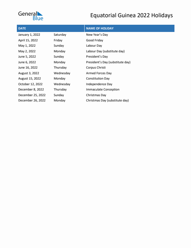 Free printable list of Equatorial Guinea holidays for year 2022