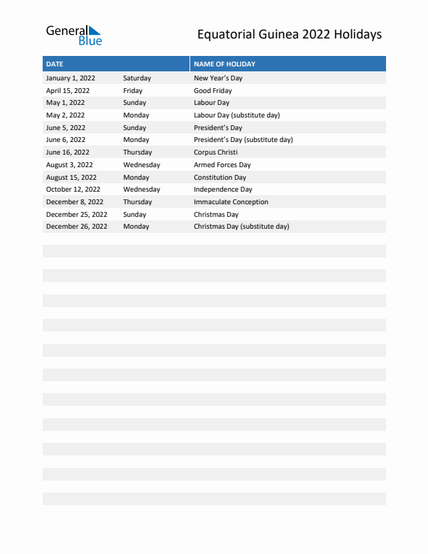 Free printable list of Equatorial Guinea holidays for year 2022