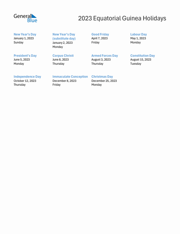 Free printable list of Equatorial Guinea holidays for year 2023