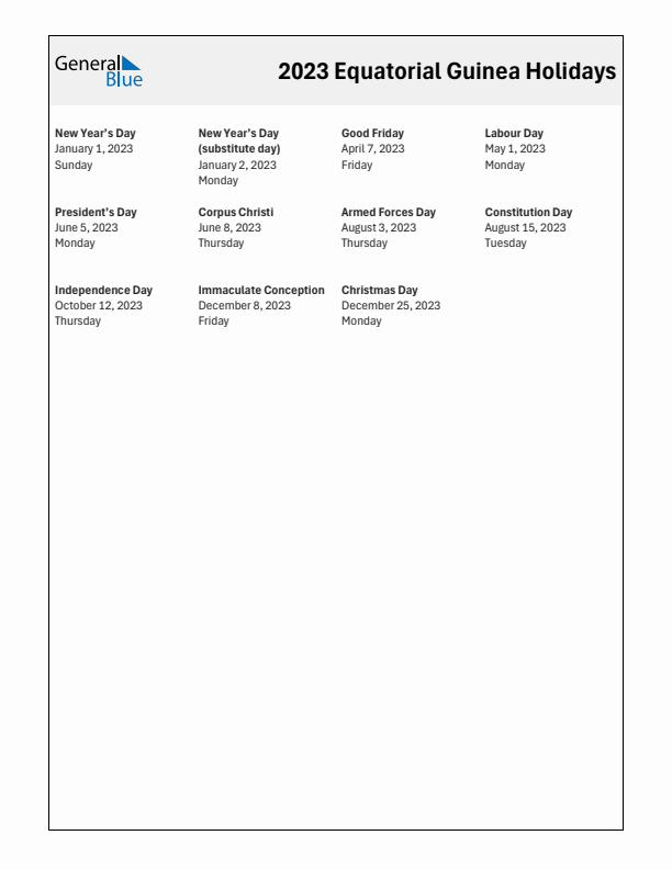 Free printable list of Equatorial Guinea holidays for year 2023