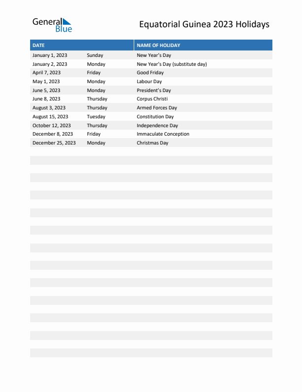 Free printable list of Equatorial Guinea holidays for year 2023