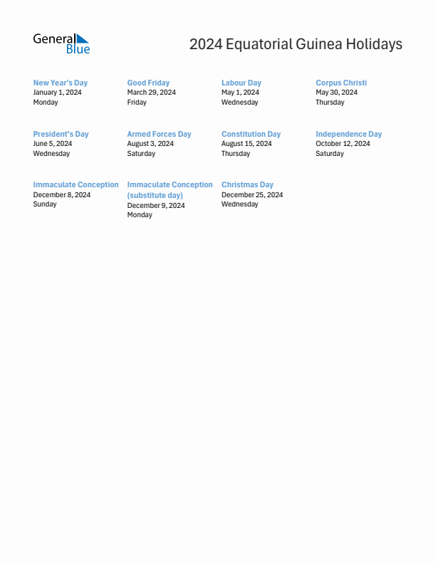Free printable list of Equatorial Guinea holidays for year 2024