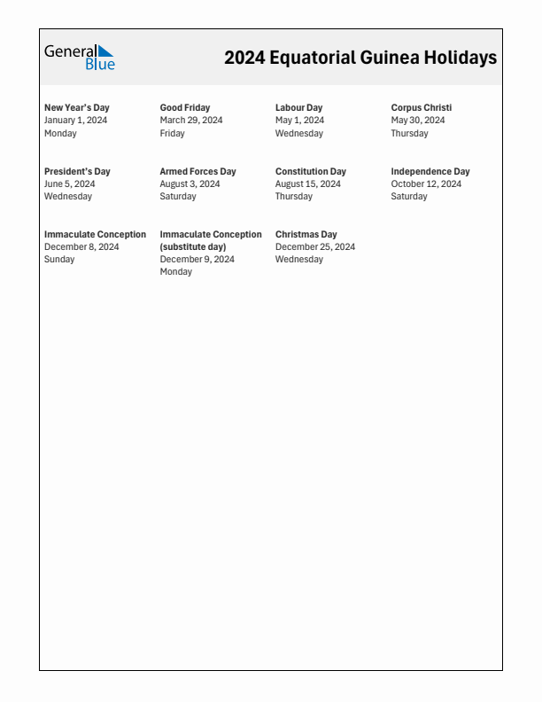 Free printable list of Equatorial Guinea holidays for year 2024