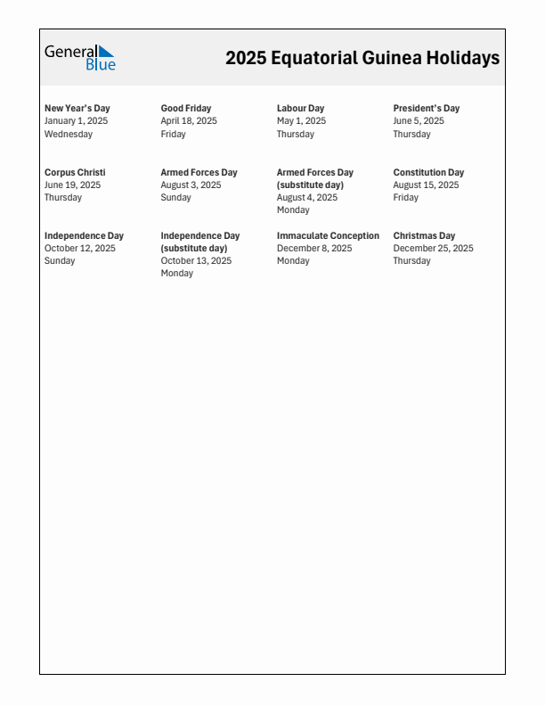 Free printable list of Equatorial Guinea holidays for year 2025
