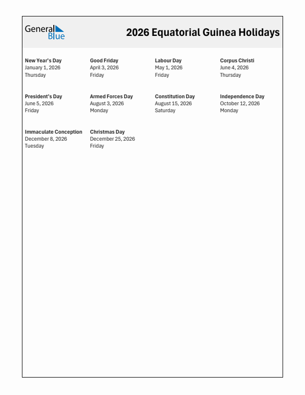 Free printable list of Equatorial Guinea holidays for year 2026