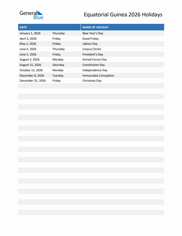 Free printable list of Equatorial Guinea holidays for year 2026