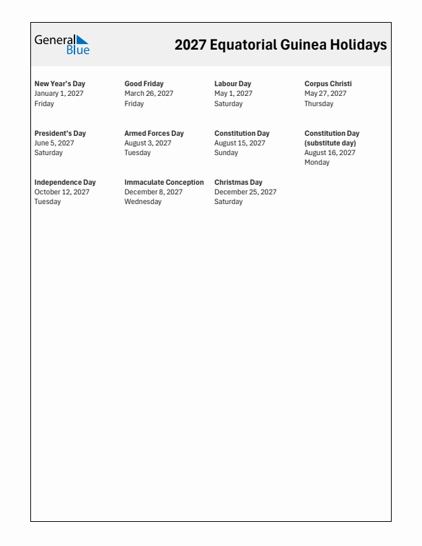 Free printable list of Equatorial Guinea holidays for year 2027