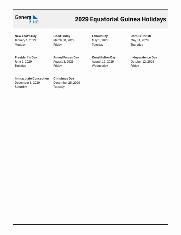 Free printable list of Equatorial Guinea holidays for year 2029