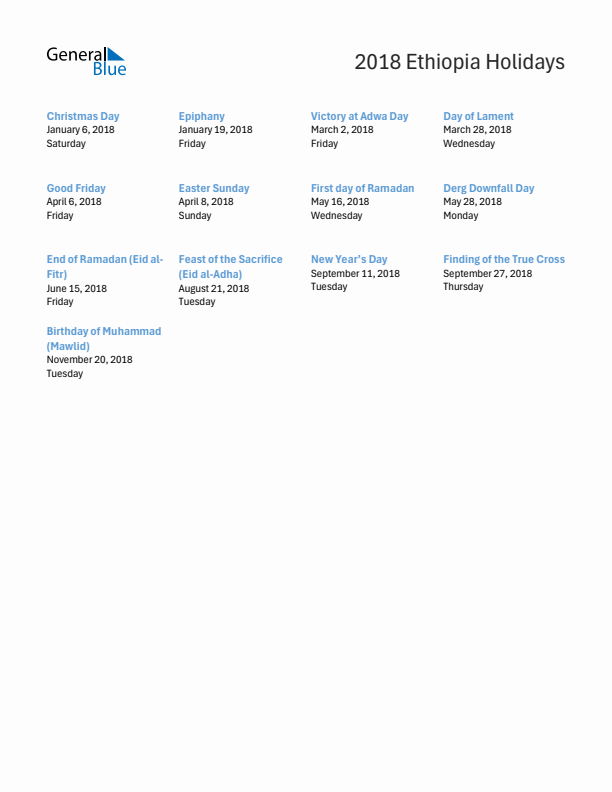 Free printable list of Ethiopia holidays for year 2018
