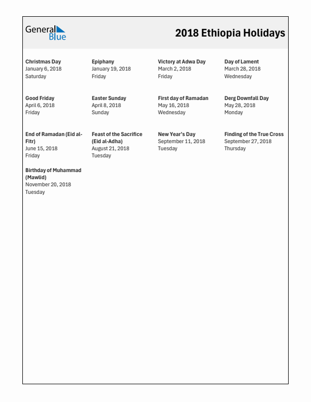 Free printable list of Ethiopia holidays for year 2018