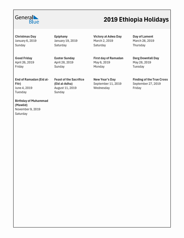 Free printable list of Ethiopia holidays for year 2019