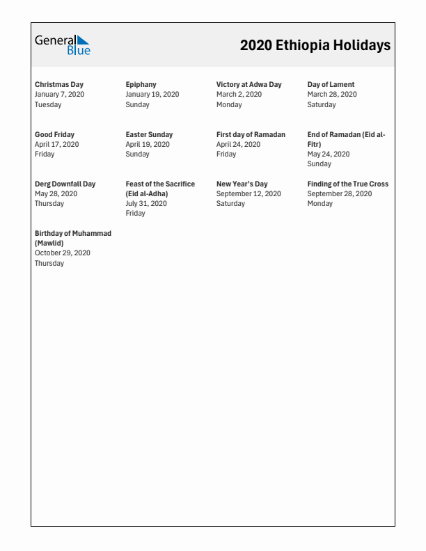 Free printable list of Ethiopia holidays for year 2020