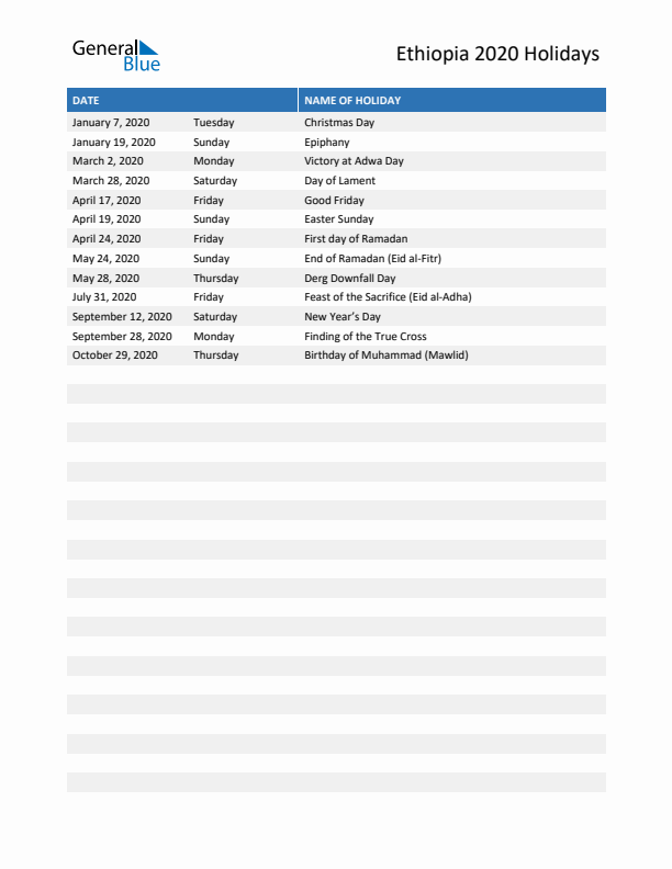 Free printable list of Ethiopia holidays for year 2020