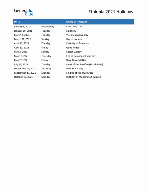 Free printable list of Ethiopia holidays for year 2021