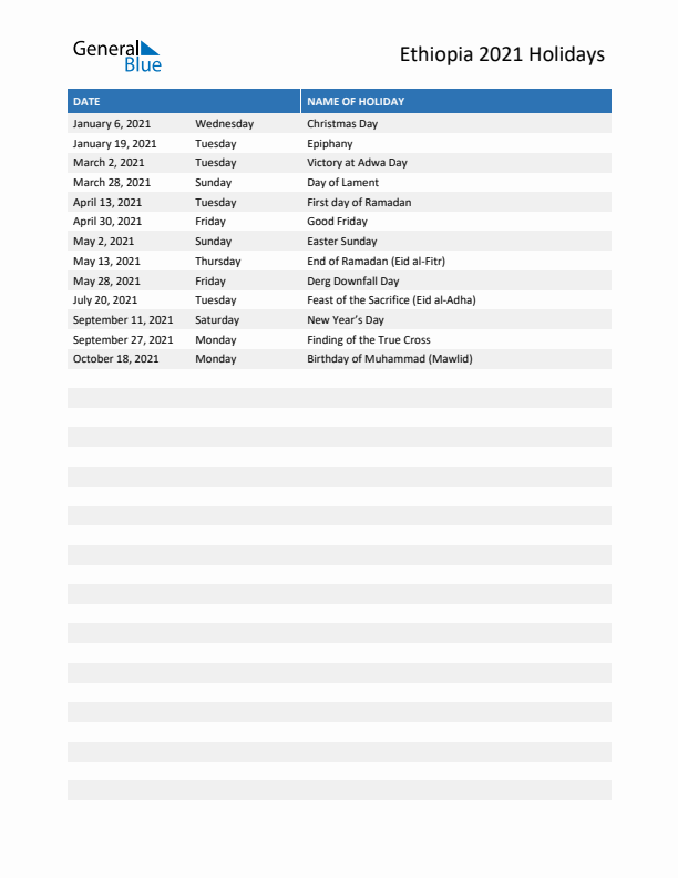 Free printable list of Ethiopia holidays for year 2021