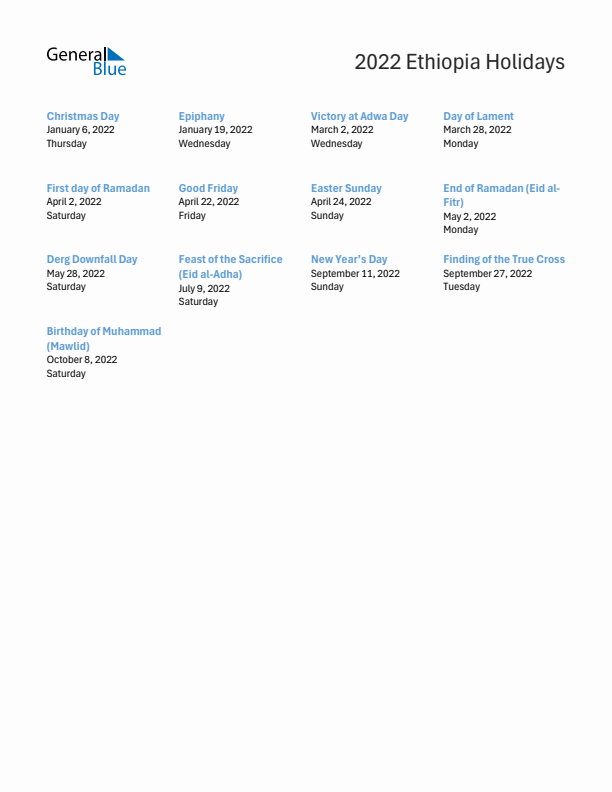 Free printable list of Ethiopia holidays for year 2022