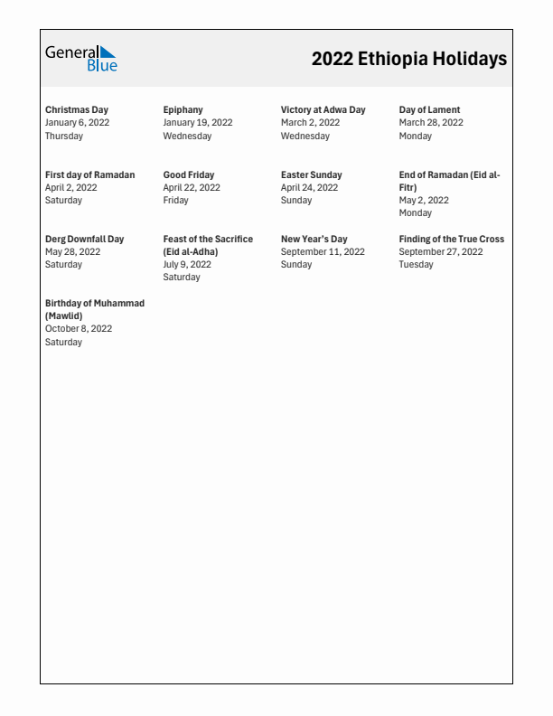 Free printable list of Ethiopia holidays for year 2022