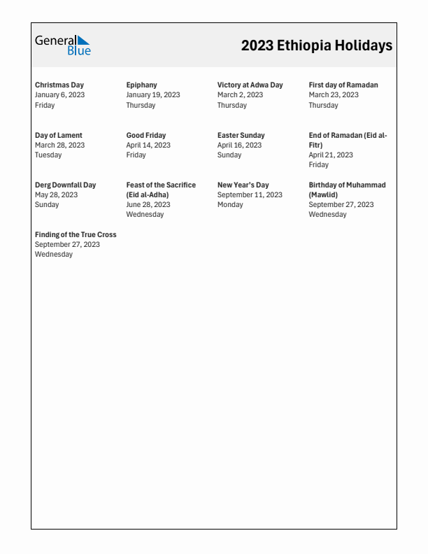 Free printable list of Ethiopia holidays for year 2023