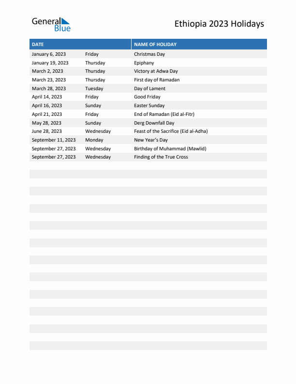 Free printable list of Ethiopia holidays for year 2023