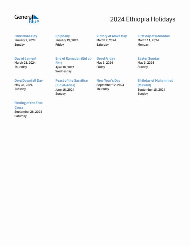 Free printable list of Ethiopia holidays for year 2024