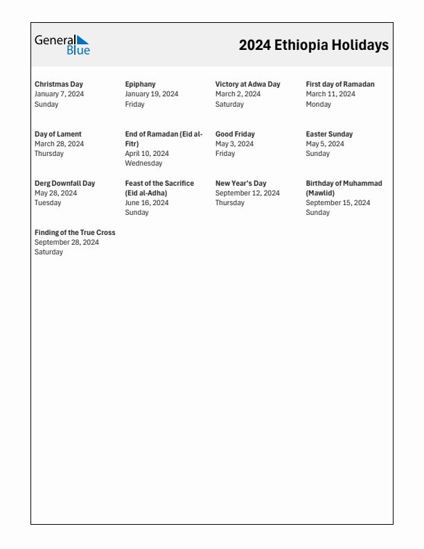 Free printable list of Ethiopia holidays for year 2024