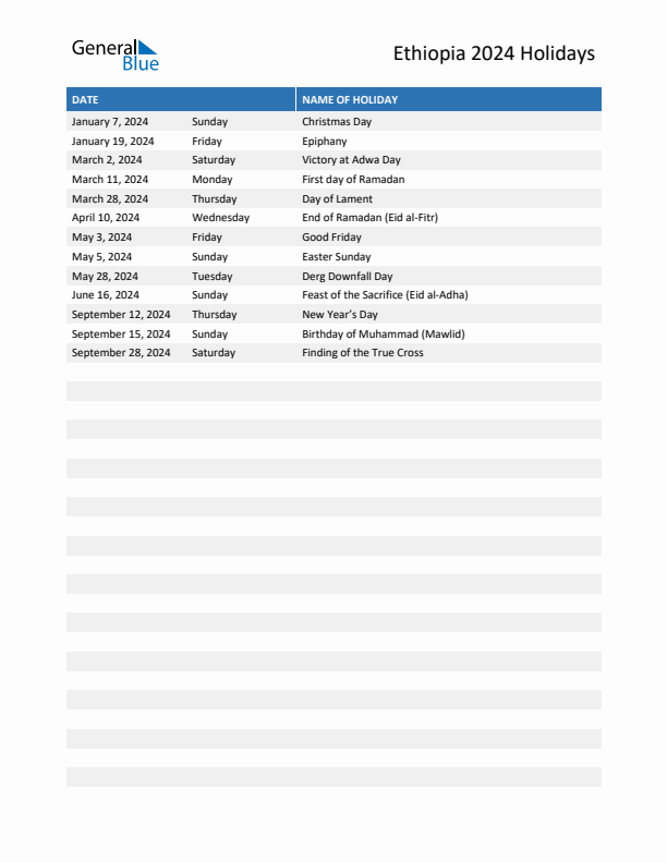 Free printable list of Ethiopia holidays for year 2024