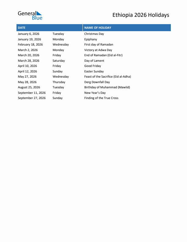 Free printable list of Ethiopia holidays for year 2026