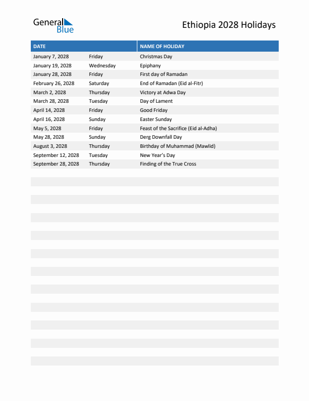 Free printable list of Ethiopia holidays for year 2028