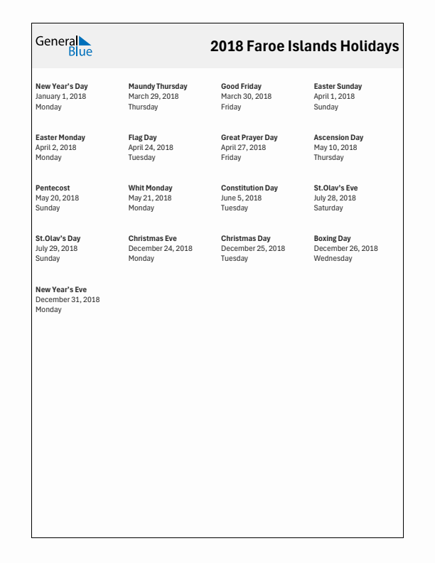 Free printable list of Faroe Islands holidays for year 2018