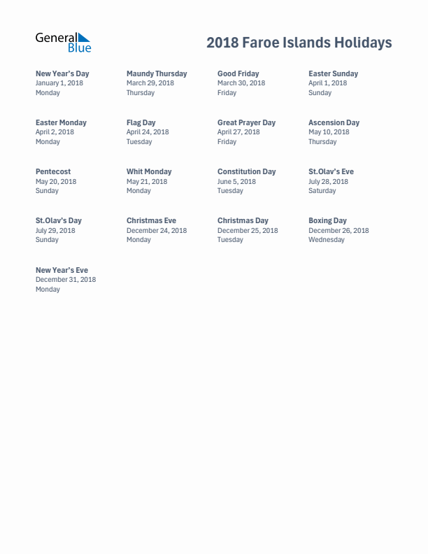 Free printable list of Faroe Islands holidays for year 2018