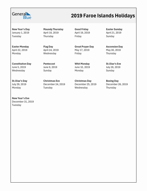 Free printable list of Faroe Islands holidays for year 2019