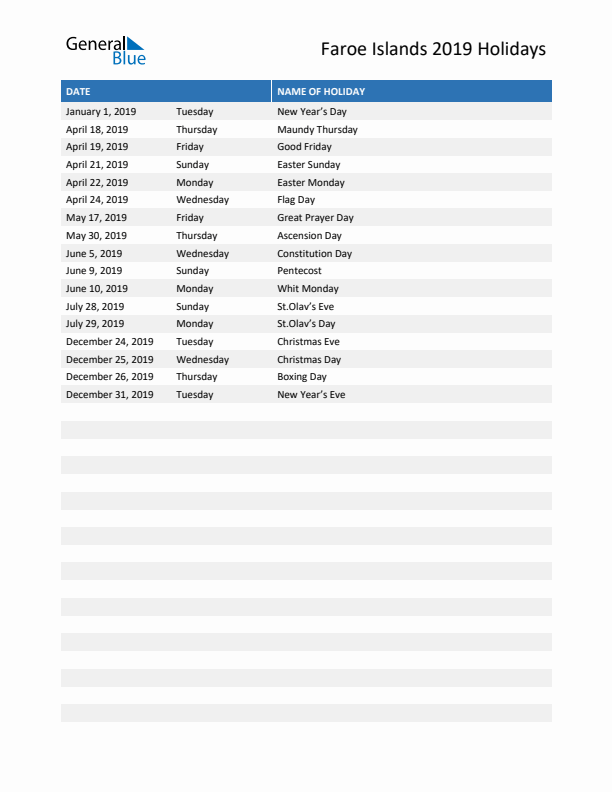 Free printable list of Faroe Islands holidays for year 2019