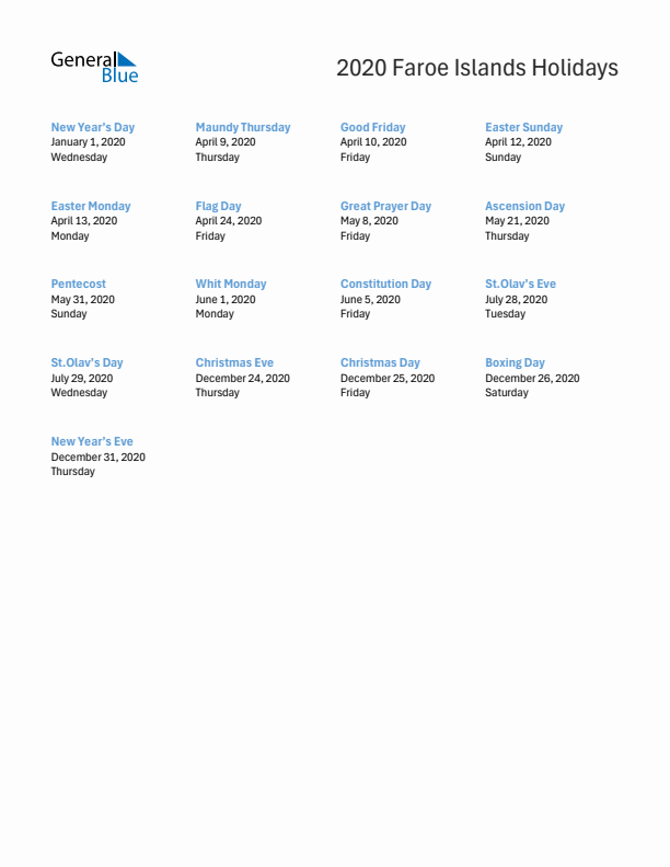Free printable list of Faroe Islands holidays for year 2020