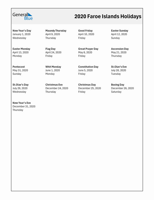 Free printable list of Faroe Islands holidays for year 2020