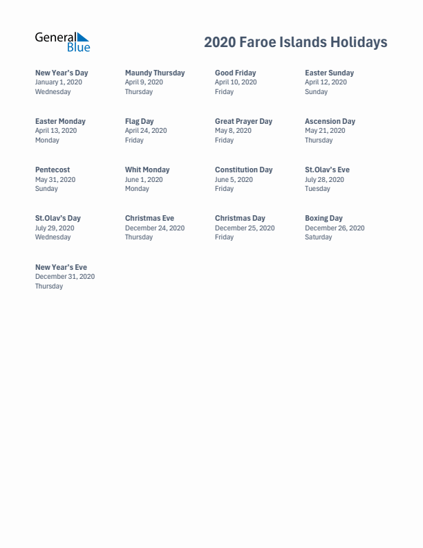 Free printable list of Faroe Islands holidays for year 2020