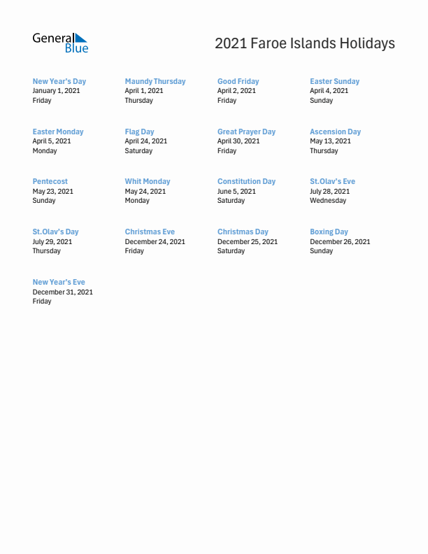 Free printable list of Faroe Islands holidays for year 2021