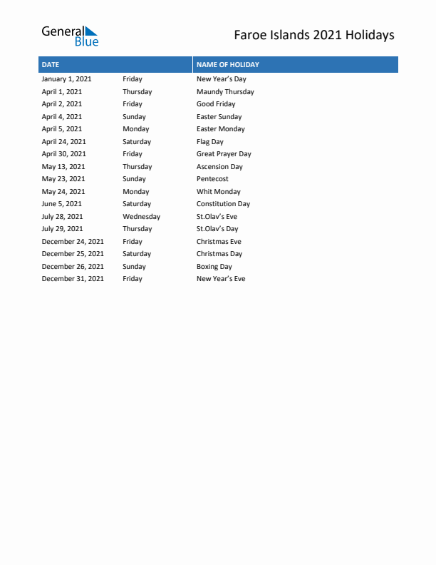 Free printable list of Faroe Islands holidays for year 2021