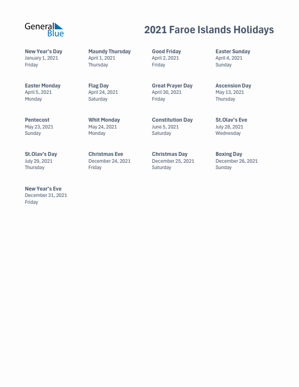 Free printable list of Faroe Islands holidays for year 2021