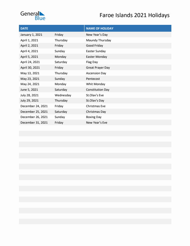 Free printable list of Faroe Islands holidays for year 2021