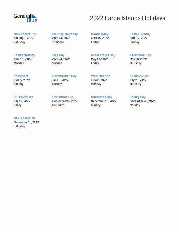 Free printable list of Faroe Islands holidays for year 2022